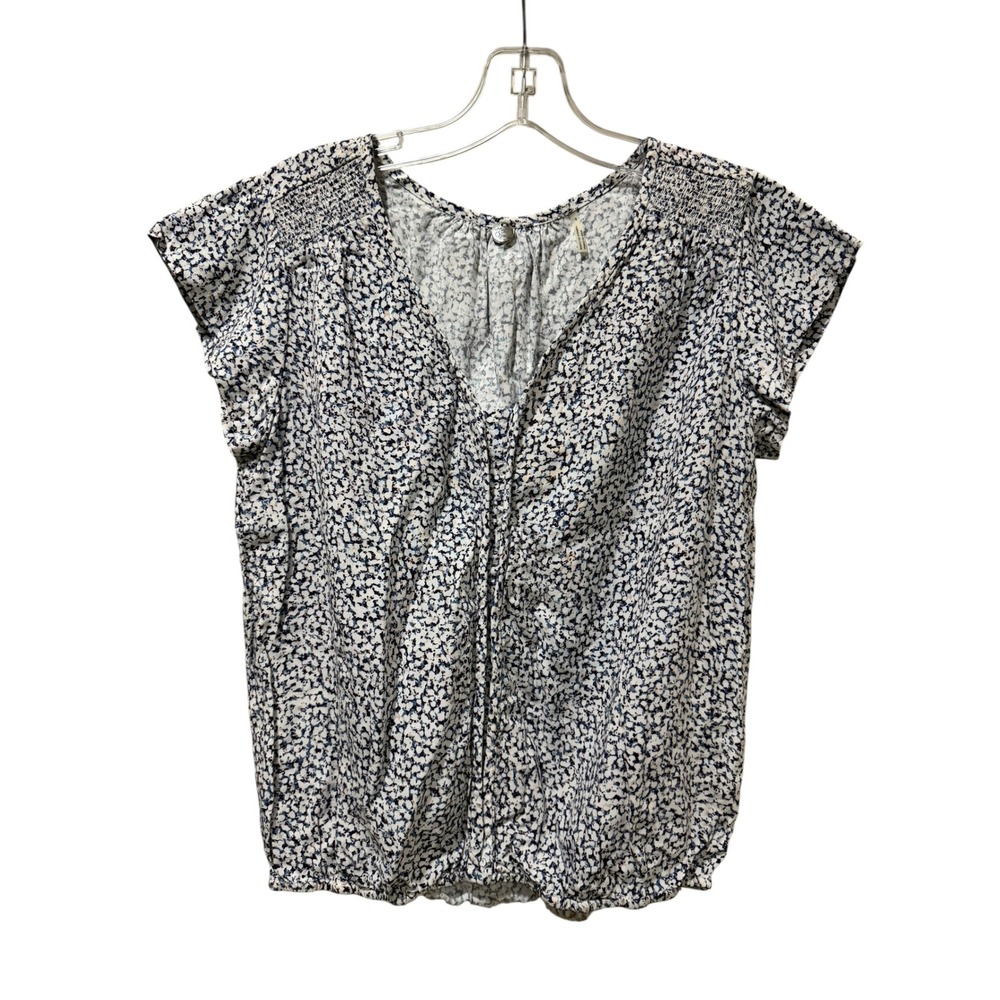 Margaret O'Leary Blue White Floral Smocked V-Neck Bubble Hem Blouse S